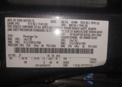 2016 Ford Focus Se z USA, uszkodzony, nr VIN 1FADP3F25GL381396